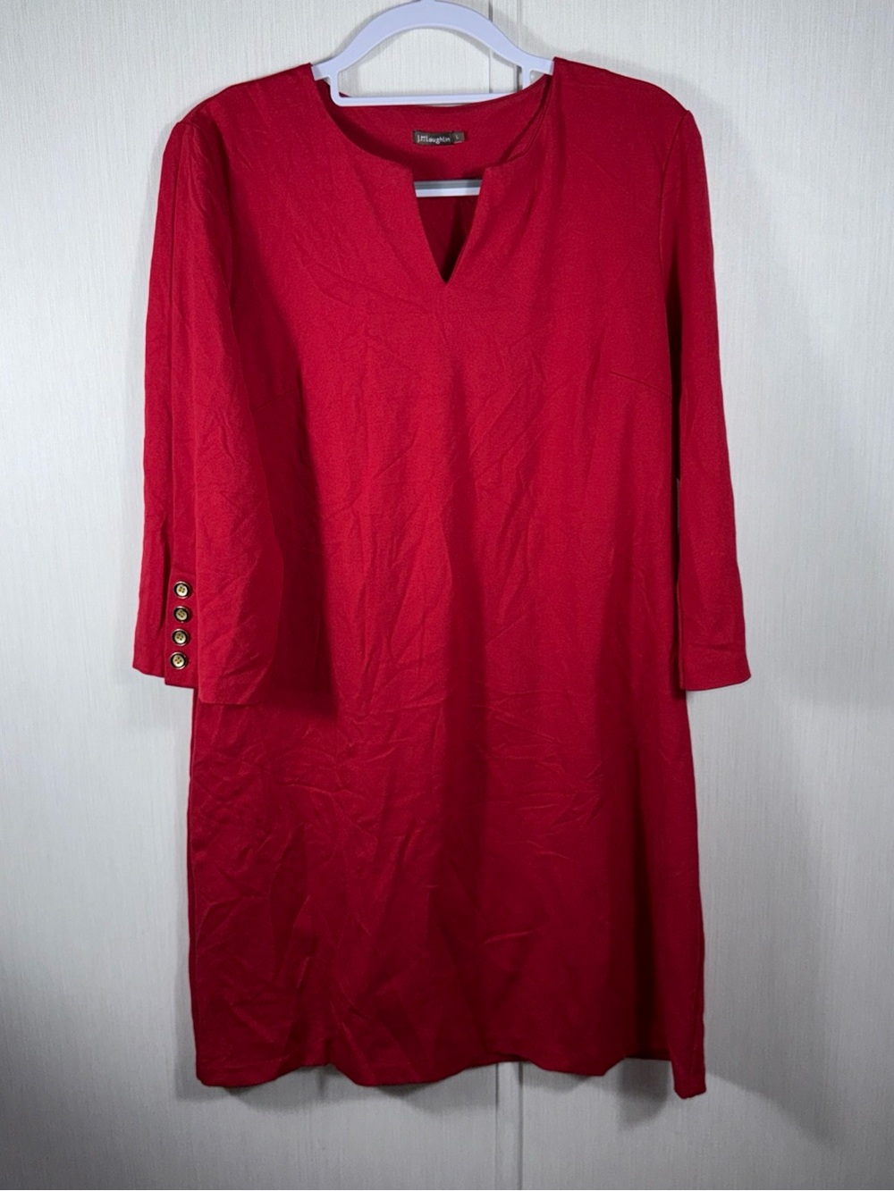J McLaughlin L Red Catalina Cloth Shift Dress 3/4 4 Button Sleeves V-Neck